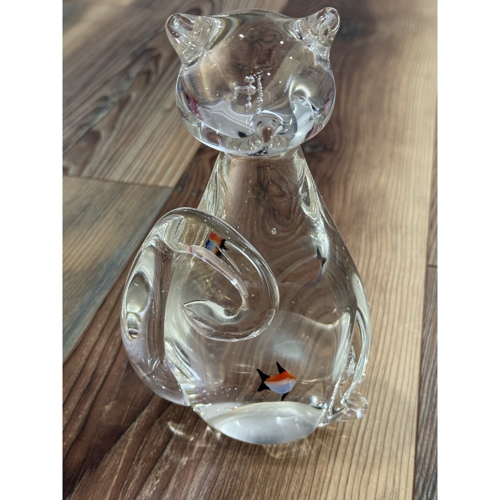 MURANO LEAD GLASS CRYSTAL CAT ART GLASS STATUE WITH FISH